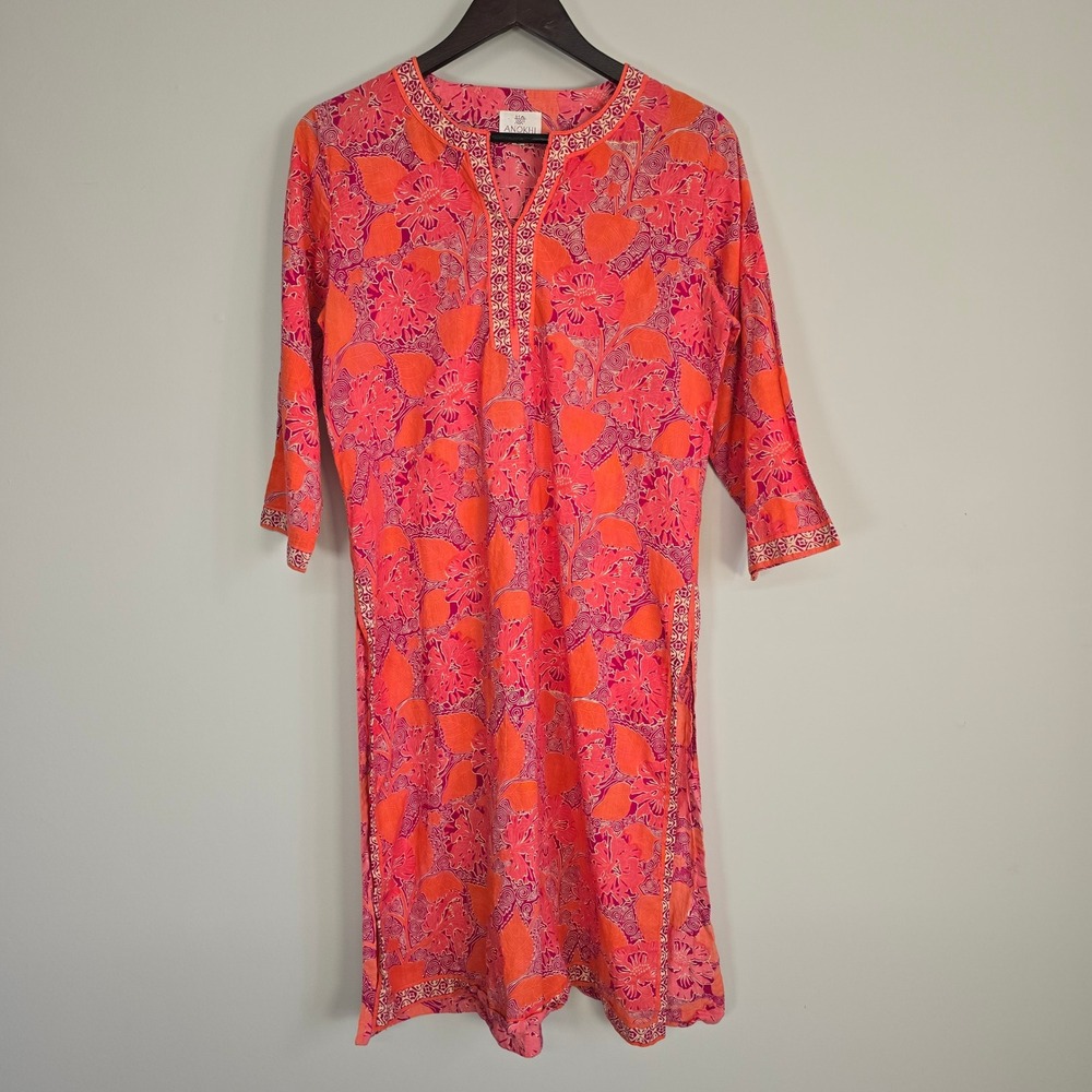 ANOKHI Dress Kaftan Women Large Pink Orange Floral Cover Up Beach Boho Tunic